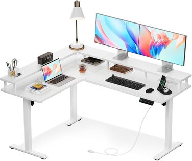 Кутовий стіл OffiGo з регулюванням висоти 150x120см, L-подібна форма, USB та розетки, з полицею для монітора, білий