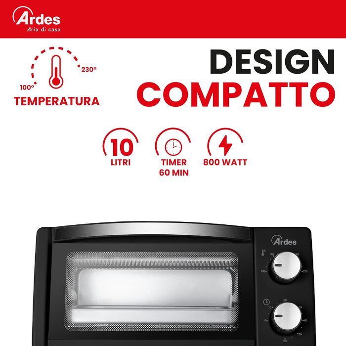 Електричний міні-пекар ARDES Magnus AR6226S: 25 л, 6 функцій, внутрішнє освітлення, таймер, аксесуари