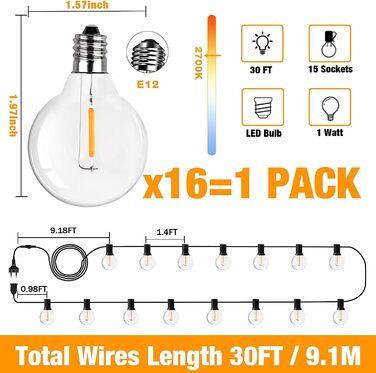Світлодіодна гірлянда для зовнішнього освітлення, гірлянди G40 для підвісних світильників теплого білого кольору, гірлянди для саду з вуличними водонепроникними світлодіодними лампами 30 1 для вечірки на Різдво (G40-9m), 18-