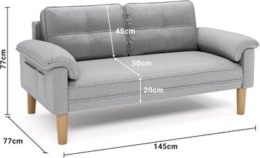 Диван Xbro 2-місний, компактний диван з підлокітниками та кишенею, сучасний диван з тканини для вітальні, квартири, офісу, проста збірка, 144 x 77 x 77 см, сірий