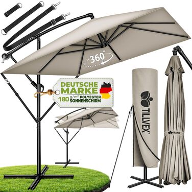Прямокутна садова парасолька tillvex® з алюмінієвим стійкою 330 см, підвісна модель з рукояткою, захистом від UV та вітру, водонепроникна (Taupe, без LED)