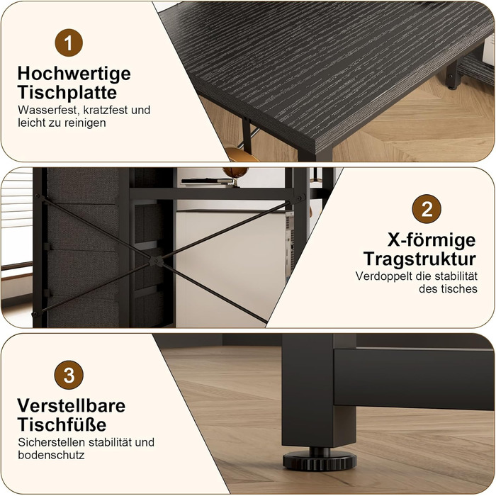 Кутовий стіл Devoko з 4 ящиками з тканини, 2 розетками та 2 USB-портами, для дому та офісу, ігор, білий, 140x80 см