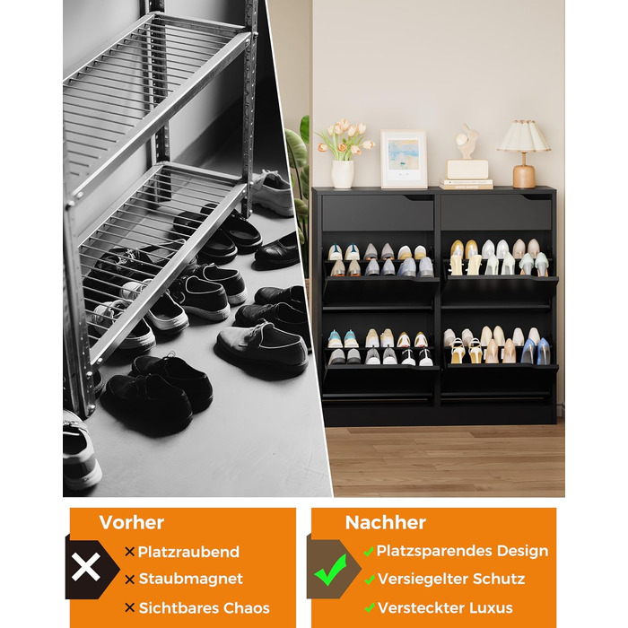 Шкаф для взуття IRONCK з 4 дверцятами, вузький, з 2 висувними ящиками, окремо стоячий, з регульованими перегородками, для передпокою, входу та вітальні (Білий) Білий (100x23.5x98см, Чорний)