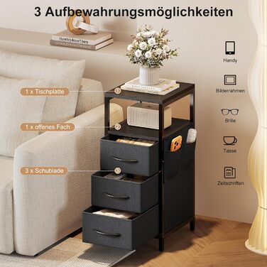 Нічний столик з підзарядкою та LED, приліжний столик з 3 висувними ящиками з тканини, нічний столик з полицею, відкрите відділення, 2 розетки AC, USB та Typ C порти, для спальні, вітальні, офісу (25x30x60 см, Чорний, 2)