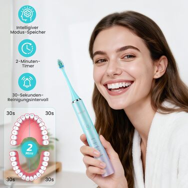 Електрична зубна щітка Yunchi, звукова, для дорослих та дітей - 40000 VPM, USB-C, 5 режимів, інтелектуальна функція, 8 насадок + чохол, блакитна Ycdz-y7