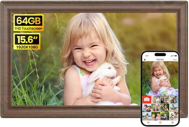 Цифровий фоторамка Frameo 10.1 дюйма з Wi-Fi, сенсорний IPS екран HD 1280*800, 32GB пам'яті, автоповорот, підтримка Frameo App для зручного обміну фото та відео, корпус з дерева (15.6 дюймів)