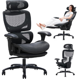Органічний офісний крісло COLAMY з підніжкою, 3D підлокітниками, підголівником, підтримкою попереку та дихаючою сіткою - для офісу та дому, чорний