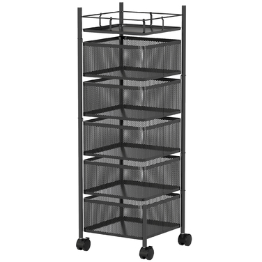 Візок для кухні з 5 обертовими кошиками, 4 поворотними колесами, металевим каркасом, чорного кольору