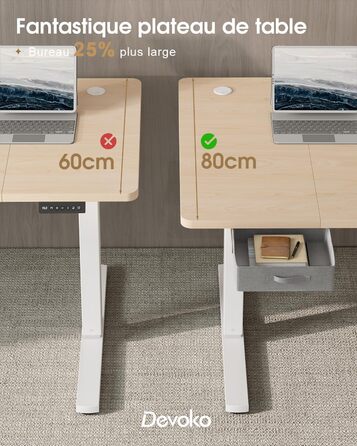 Регульований стіл Devoko 160x80 см з висувними ящиками, USB-порт, органайзер для кабелів, стіл для комп'ютера з 3-ма пам'ятними функціями, білий