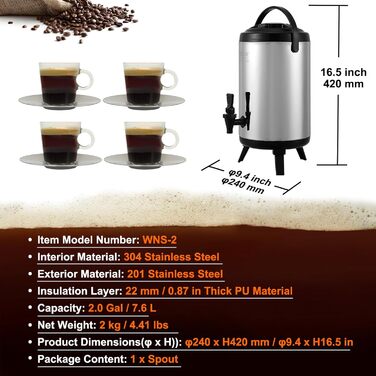 Диспенсер для гарячих та холодних напоїв VEVOR 17.2 л, нержавіюча сталь. Диспенсер для води, кави, молока, соку. Ізотермос 7.6 л