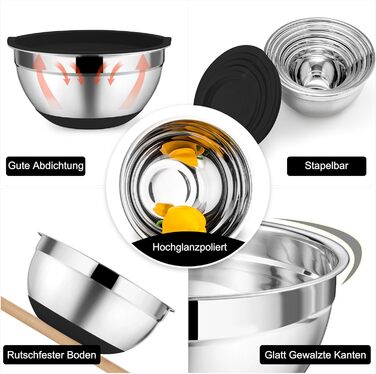 Набір мисок Onader з нержавіючої сталі: 5 мисок + 3 терки. Набір мисок для салатів з кришками, 5 шт. (0,7-4 л), чорний