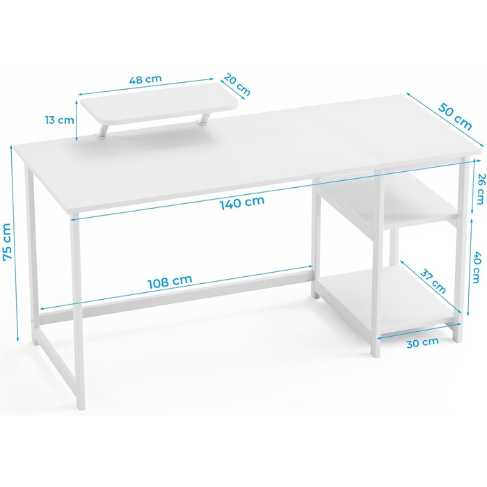 Білий письмовий стіл GreenForest з місцем для зберігання, 100 см, комп'ютерний стіл з підставкою для монітора, для дому та офісу, 140x50 см