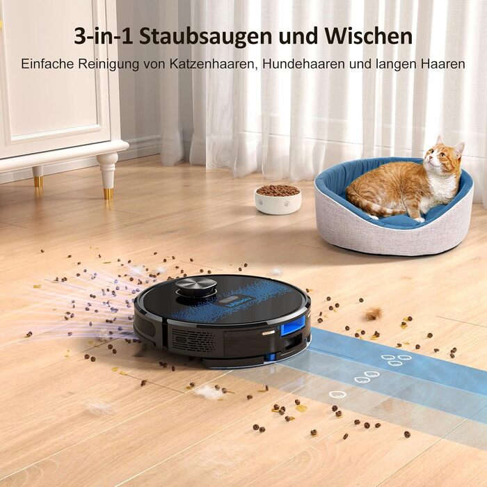 Робот-пилосос Lubluelu з функцією миття, покращена версія, потужність 5500Pa, лазерна навігація, 5 карт, 55 dB, керування через додаток, ідеально підходить для шерсті тварин, килимів та твердих підлог, блакитний