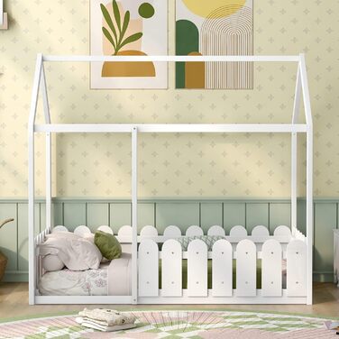Дитяче ліжко Merax 90x200см із захистом від падіння, дитяче ліжко з ящиками та полицею для зберігання, міцне дерев'яне ліжко на дереві з рейковим каркасом, ігрове ліжко для хлопчиків і дівчаток, біле (80 x 160 см, біле)
