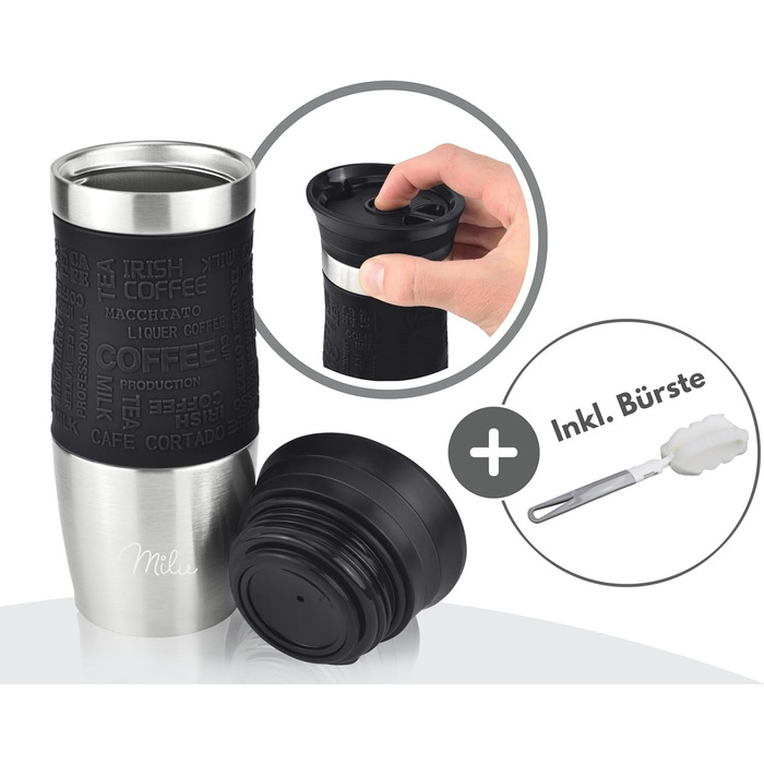 Термокружка Milu 450 мл, 370 мл з нержавіючої сталі, для кави 'to go', з подвійними стінками, не протікає, чорна