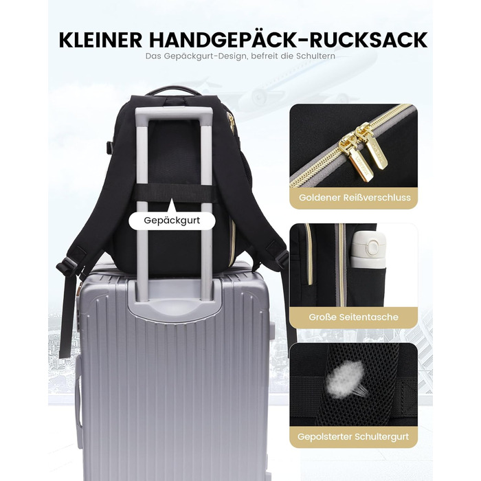 Рюкзак LOVEVOOK для ручної поклажі Ryanair (40x20x25 см), для ноутбука 13.3 дюйма, чорний, підходить для Eurowings, Wizz Air