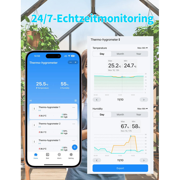 Термометр-гігрометр WIOONI Wi-Fi з LCD-дисплеєм: 3 сенсори + 1 база. Сумісний з Tuya/Smart Life