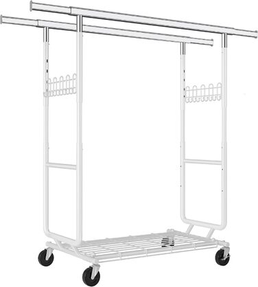 Стійка для одягу на колесах FAVOOOSTY, металева, мобільна, до 200 кг, швидка установка, біла, 2 стяжки