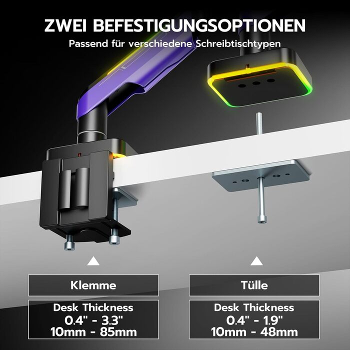 Кріплення для монітора ARES WING Gaming – для моніторів 17-49 дюймів, RGB, витримує до 20 кг, VESA 75/100 мм (фіолетовий)