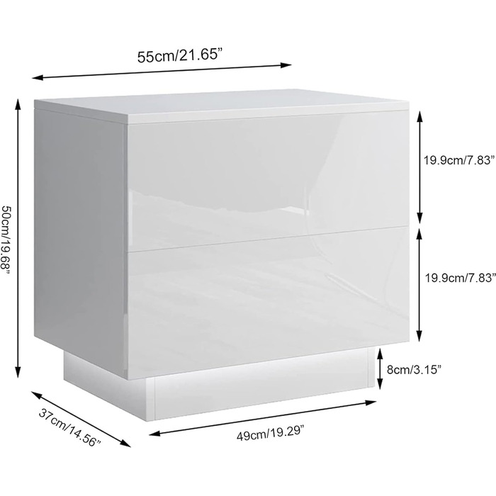 Тумбочка Dripex зі світлодіодом, 2 ящики, диванний столик, тумбочка, 55x37x50 см, білий високий глянець