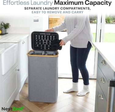 Кошик для білизни Nest Zest 100L з кришкою, 2 відділення для сортування, з інструкцією по догляду та 2 знімними внутрішніми кишенями, з бамбуковим обідком, Оксфордська тканина (Сірий)