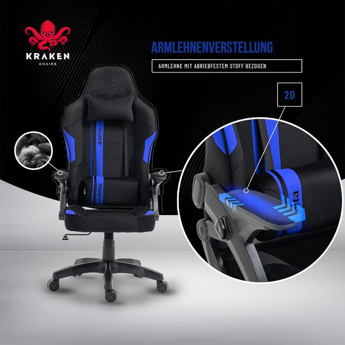 Крісло ігрове KRAKEN CHAIRS, тканинне, ергономічне, для геймерів, чорно-синій, до 130 кг