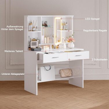 Трюмо JUMMICO з LED-підсвічуванням, дзеркалом та гачками для прикрас, 2 шухляди, 4 відкриті полиці, білий колір