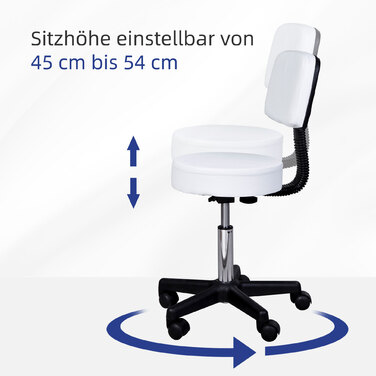 Поворотний табурет HOMCOM Work Stool регульований по висоті зі спинкою для офісу, білий Φ35 x H72-84 см