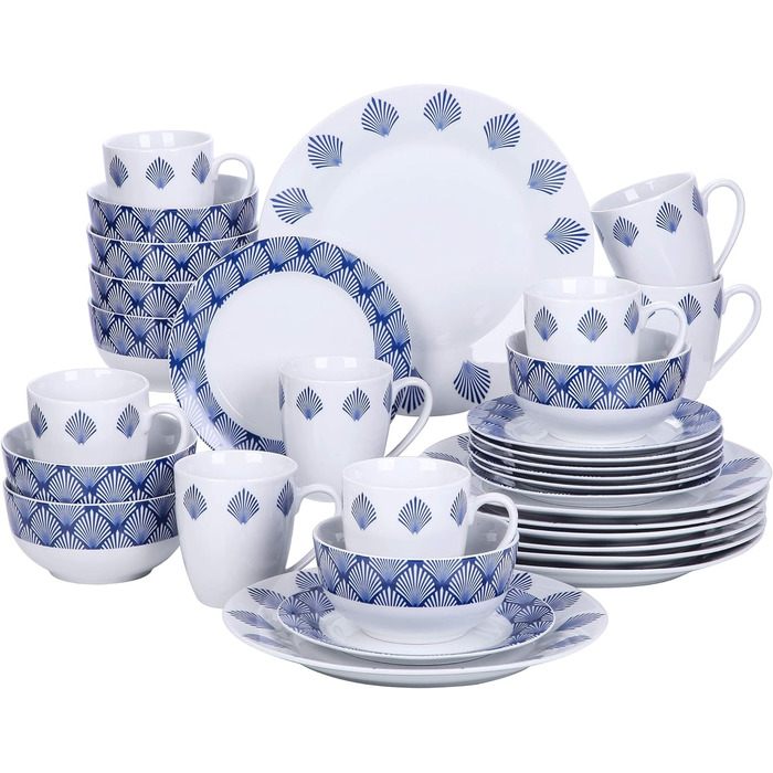 Обідній сервіз, серія Drew, набір з 32 білих порцелянових посудів на 8 персон, круглий, дизайн з блакитним листям