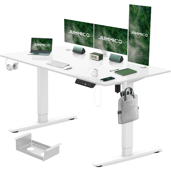 Електричний регульований стіл JUMMICO 160x80 см з підзарядною станцією, білий. Ергономічний стіл для роботи з кабельною організацією