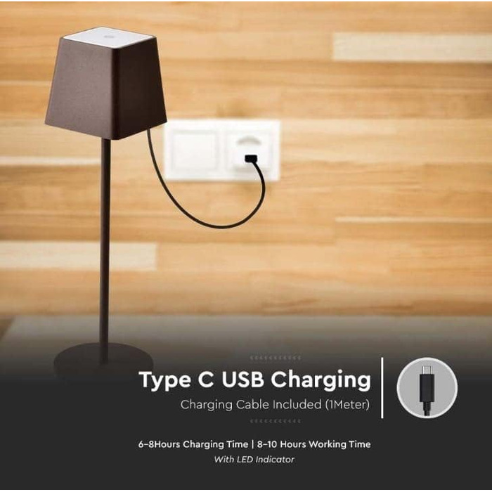 LED настільна лампа V-TAC з бездротовим живленням, сенсорне керування, акумулятор 4400 mAh, тепле світло 3000K, IP54, коричневий колір, для дому та вулиці