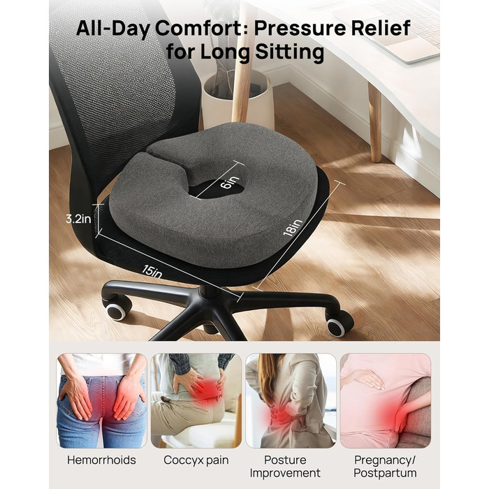 Ортопедична подушка-кільце Feagar: регульований ергономічний сидінець-пончик від геморою та ішіасу, для копчика, післяпологовий (Сірий, стандарт 60-100 кг) для авто, офісного крісла та візків