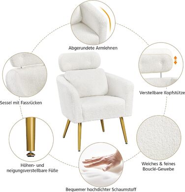 Крісло Yaheetech з тканини букле, м'яке, з регульованою підголівником, для вітальні/офісу, біле
