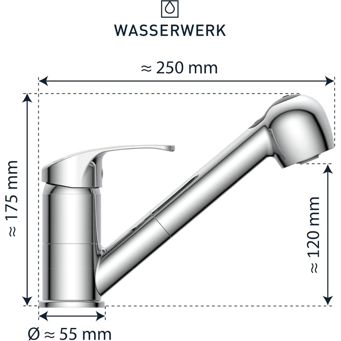 Змішувач для кухні Waterworks WK7 2 типи струменів Одноважільний змішувач з висувним розпилювачем Хром Зроблено в Німеччині