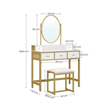 Косметичний столик з овальним дзеркалом з відкритим відділенням - білий + золото