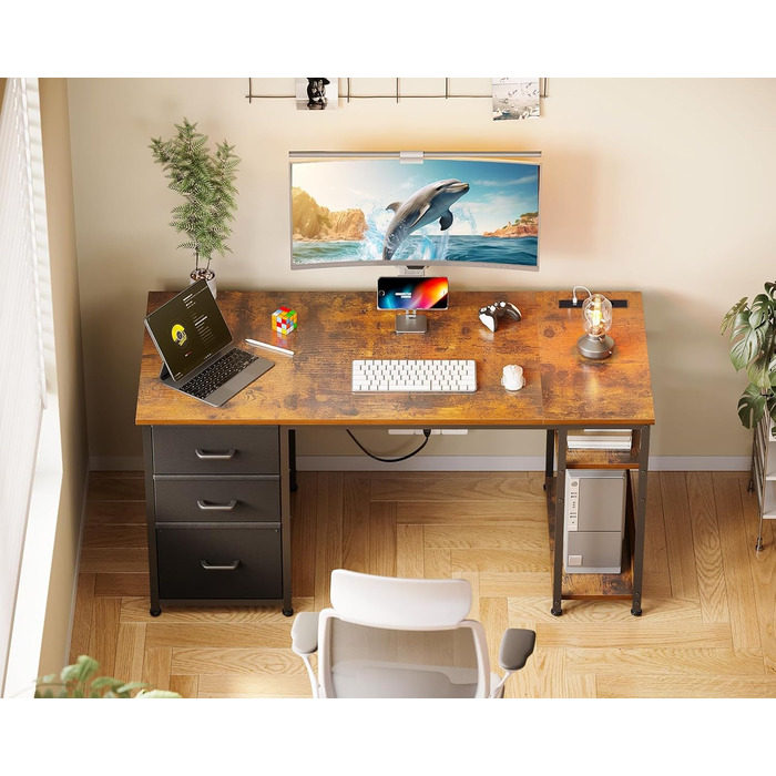 Комп'ютерний стіл Coleshome з ящиками з тканини, 130x48 см, з 2 розетками та 2 USB-портами, з полицею, для офісу/вітальні, коричневий, 130x48x75.7 см