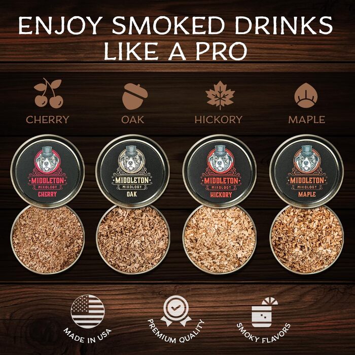 Набір для копчення коктейлів SmokeTop з дерев'яними стружками (вишня, гікорі, клен, дуб) + ліхтарик – для коктейлів, віскі, бурбону