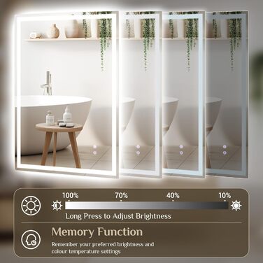 Дзеркало для ванної кімнати з підсвічуванням 80x60 см, LED дзеркало з 3 кольорами світла, регулюванням яскравості, захисне скло, сенсорне управління, функція пам'яті, запобігання запотіванню, для ванної кімнати