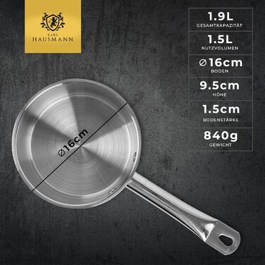 Нержавіюча каструля Karl Hausmann 3.6L з нержавіючої сталі з кришкою (діаметр 20 см) - для всіх типів плит, включаючи індукцію. Ідеально підходить для супу та пасти.
