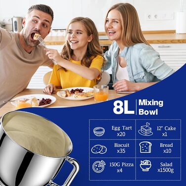 Кухонна машина 1500W 8L з 6 швидкостями, функцією ферментації та LCD-дисплеєм. В комплекті міксер, гак для тіста та вінчик. Чорний колір.
