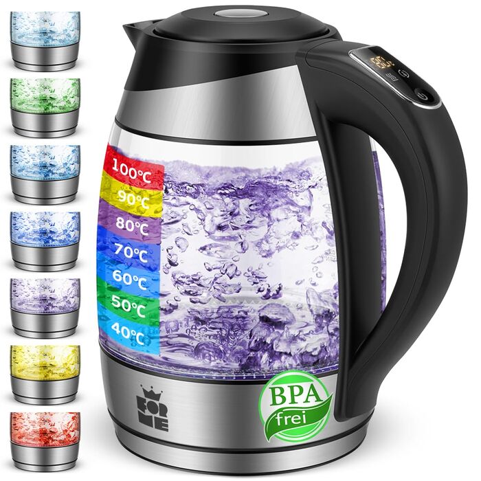 Електричний чайник FOR ME Glas 1.8L з регулюванням температури (40°C - 100°C), LED-підсвічуванням 7 кольорів, функцією підтримання тепла, BPA Free, без сита для чаю