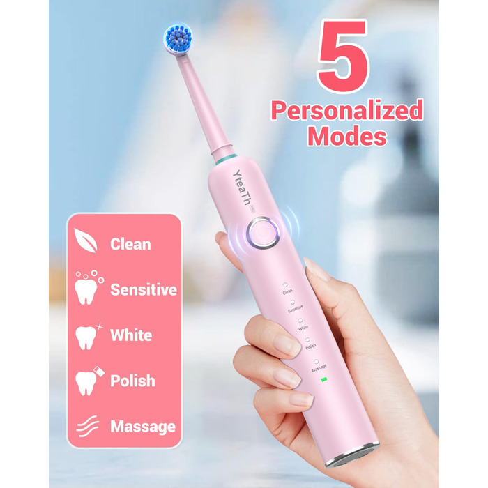 Електрична зубна щітка ротаційного типу для дорослих та дітей з 8 насадок, зарядний пристрій з підставкою на стіну, 5 режимів чищення та дорожній футляр, 60 днів роботи від акумулятора (рожевий)