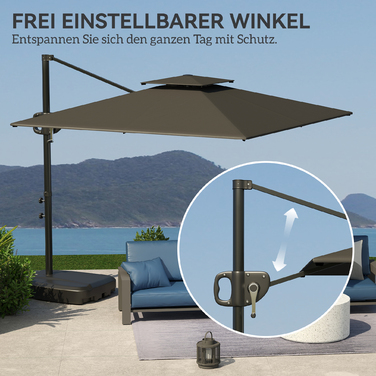 Відображуваний зонт для саду розміром 247 x 247 см з подвійним куполом, ручним механізмом, стійкою та водовідштовхувальним покриттям, темно-сірого кольору.