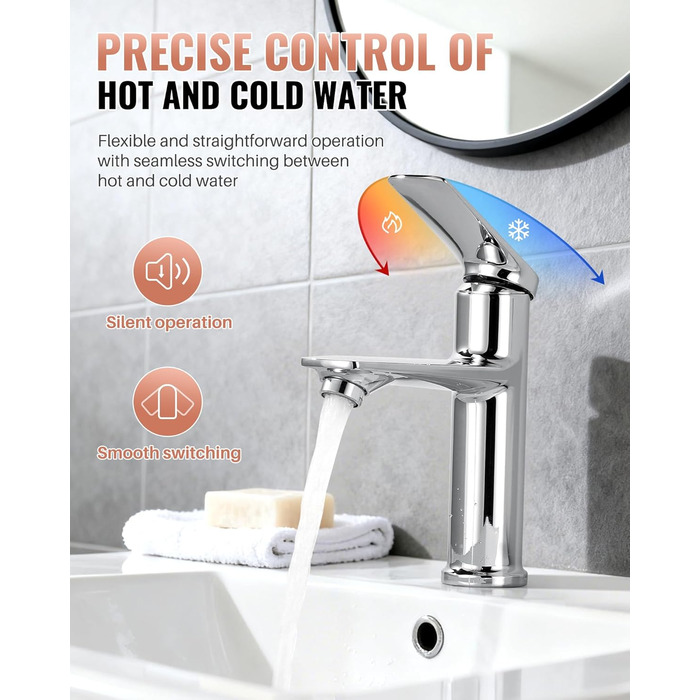 Змішувач для ванної кімнати, однорідний змішувач для раковини, хром, високий тиск, висота виливу 104 мм