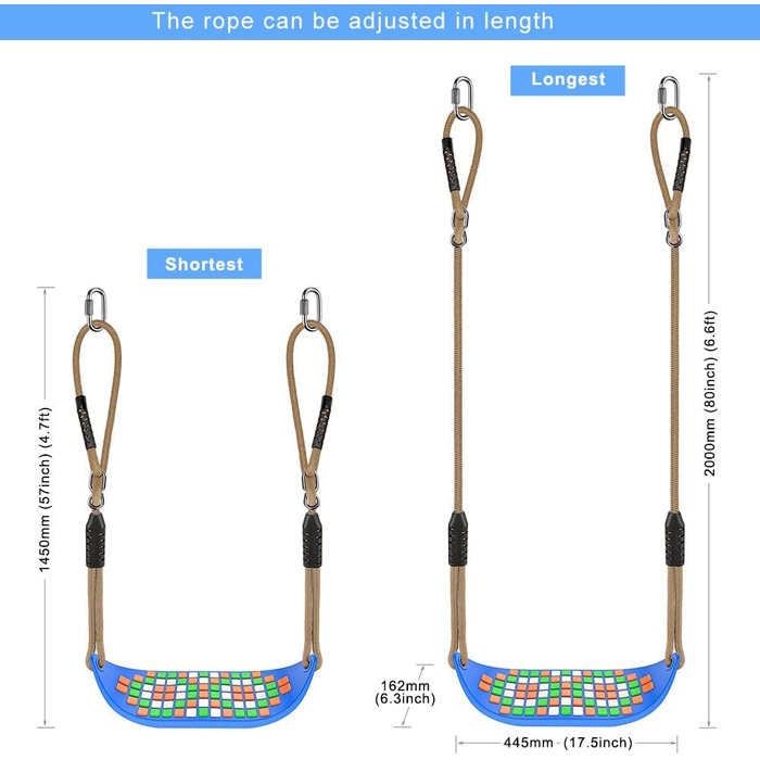 Гойдалка садові SELEWARE: набір з канатом 2м, 2 карабінами, міцна, чорна