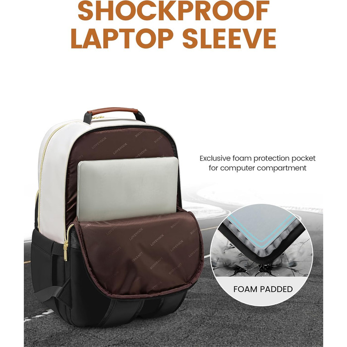 LOVEVOOK Рюкзак для жінок, великий, 15.6 дюймів, сумка для ноутбука, водонепроникний, шкільний рюкзак, для дівчаток-підлітків, чорний, елегантний, для роботи, навчання, подорожей (15.6 дюймів, бежево-чорний-коричневий)
