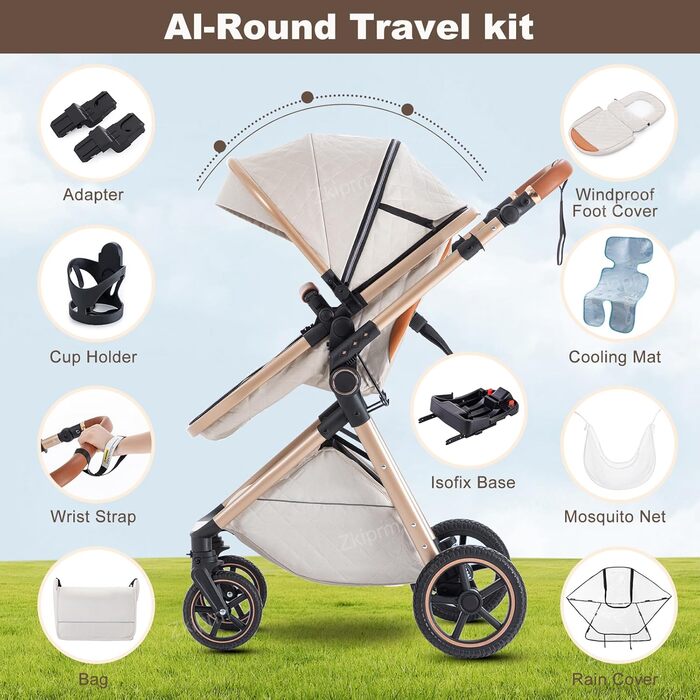 Дитячий візочок Zkipm 3 в 1, комплект з люлькою, автокріслом, функція складання, регульована спинка, великий капюшон, до 15 кг, 0-3 роки (8-V8-ISOFIX-Блакитний)