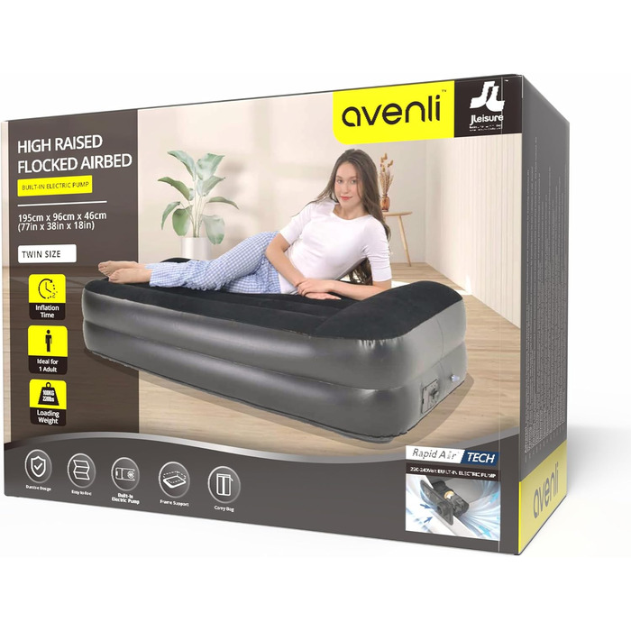 Надувний матрац-ліжко AVENLI для 2 осіб з інтегрованим насосом, самонадувний, висока ліжкомісць, з флокеним покриттям, 195x96x46 см (для кемпінгу та дому)