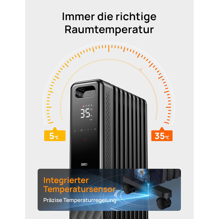 Електричний масляний радіатор Dreo OH310, 2000W, з пультом керування, 9 ребер, термостат, таймер, захист від перегріву та перекидання