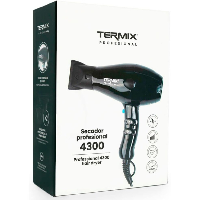 Професійний фен Termix 4300. Фен з 3 температурними режимами, легкий і зручний. У комплекті 2 насадки різного розміру. 2 000 Вт потужності.